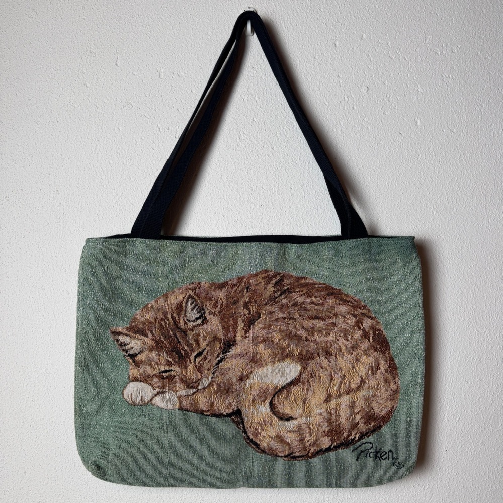 Vintage Cat Tapestry Tote Bag Linda Picken Orange Tabby Cottagecore
